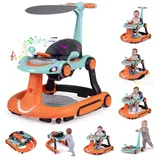COSTWAY 7 in 1 Lauflernhilfe mit Verdeck, Lauflerwagen mit einstellbarer Höhe & Geschwindigkeit, Baby Walker klappbar mit Spielboard, Musik, Licht & Rädern, Gehfrei Baby ab 6 Monaten (Orange)