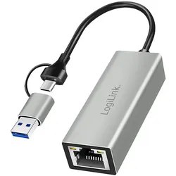 LOGILINK USB-Netzwerkadapter UA0238B USB-C zu Gigabit Ethernet-Adapter mit 2-in-1 USB-Anschluss