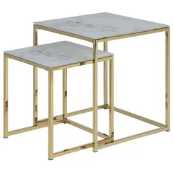 Almaz Einschubtische 2 stk. aus Glas mit weissen Marmor print und goldenen Chrom Beinen.