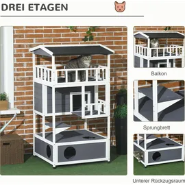 PawHut Katzenhaus,4 Etagen, Katzenvilla, Katzenhütte für draußen, Tannenholz - Bunt