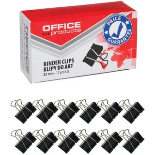 Office Products Foldback-Klammern 25mm / 12 Stück/aus Metall/Schwarz/Silber/Unempfindlich Gegen Verformung/Büroklammern Papierklammern