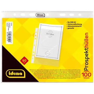 IDENA 376007 - 100 Stück Klarsichthüllen A5 genarbt, Prospekthüllen aus Kunststoff 55μ, dokumentenecht, Klarsichtfolien mit Universallochung