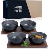 Moritz & Moritz VIDA 4x Miso Schüssel Set 12 cm Ø - Japanisches Geschirr Set aus Keramik und Sandelholz für Miso Suppe, Dip und Snacks - Mit Serviertablett