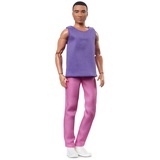Barbie Ken Puppe, Looks, schwarzes Haar, Colorblock-Outfit, lilafarbenes Mesh-Top mit pinkfarbener Hose, Stylen und Posieren, Fashion-Sammelfiguren, HJW84