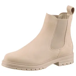 Chelseaboots TAMARIS, Damen, Gr. 38, beige (natur), Nubukleder, klassisch, Schuhe, Blockabsatz, Businessschuh, Schlupfboots, Stiefelette, Logoprägung