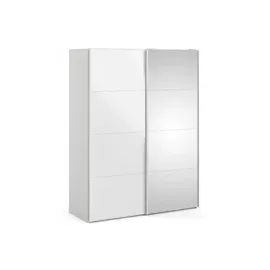 VCM Ebuy24, Kleiderschrank, Schiebetürenschrank B150 cm 1 Tür und 1 Spiegeltür weiß und weiß hochglanz.