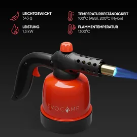 evocamp Gasbrenner 1,3 kW, Küchenbrenner, Lötlampe mit Piezozündung, + 4 Gaskartuschen 190g