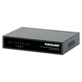 Intellinet Network Solutions INTELLINET 5-Port Switch Power over Ethernet - Gigabit PoE+ Injektor 240V, Passthrough, PoE+ Adapter mit 200m Reichweite, lüfterfrei & leise - Schwarz