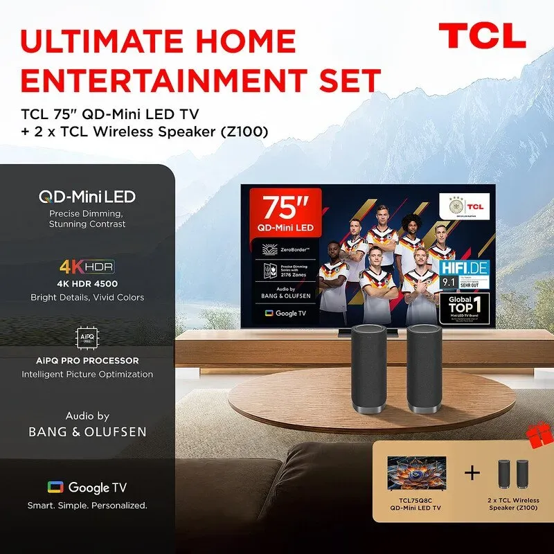 TCL 75Q8C mit Z100 Lautsprecher-Set, 75 Zoll QD Mini LED, 4K HDR Premium 5000, ZeroBorderTM, Smart Google TV, CrystGlow WHVA-Panel, Audio von Bang & Olufsen, 144 Hz Motion Clarity Pro, Dolby Vision IQ & Atmos