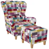 Supellex Sofia Ohrensessel mit Hocker Design Patchwork kariert bunt