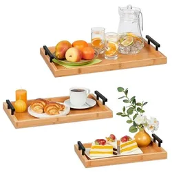 relaxdays 3er-Set Frühstückstablett Bambus braun