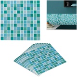 Relaxdays Fliesenaufkleber, 10er Set, selbstklebend, Küche & Badezimmer, 23,5x23,5 cm, 3D Klebefliesen, grün/blau