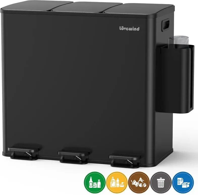 Küchen-Mülleimer, 60 L (3 x 20 L) Edelstahl Mülleimer und Recyclingbehälter Kombination mit Soft-Close-Deckel, Recycling-Küchenmülleimer mit zwei Fächern, Schwarz
