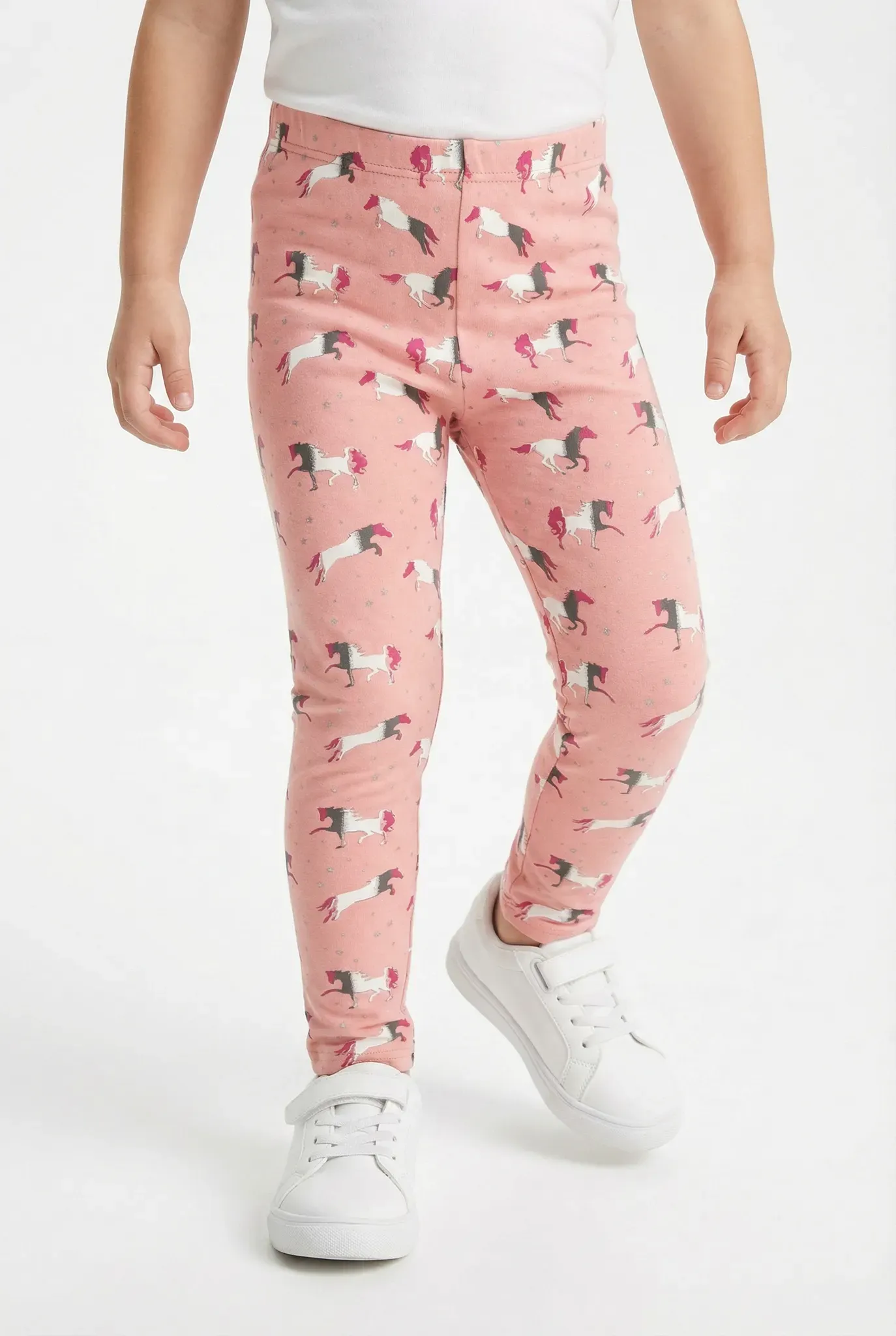 Strickleggings HAPPY GIRLS, Mädchen, Gr. 134, N-Gr, rosa (dusty rose), Feinstrick, Obermaterial: 60% Polyester, 35% Baumwolle, 5% Elasthan, bedruckt, slim fit normal, Hosen Strickleggings, für kleine Pferde-Fans