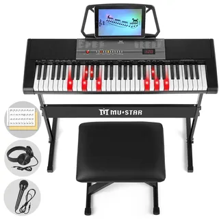 MUSTAR 61 Key Keyboard Piano für Anfänger, Digital Piano Keyboard mit Leuchttasten Lautsprechern, E Klavier Ständer, Hocker, Kopfhörern, Mikrofon, Notenablage, 300 Sounds & Simply Musiklektionen