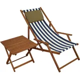 Gartenliege blau-weiß Liegestuhl Tisch Kissen Sonnenliege Deckchair Buche dunkel 10-317 T KD - Blau