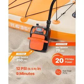 Vevor Paddleboard Pumpe (20 PSI) mit USB-Ausgang, zweistufige elektrische SUP-Luftpumpe mit automatischer Abschaltung & LED Licht, Aufblasen & Entl...