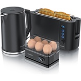 Arendo Frühstücks-Set Wasserkocher 1,5l, 2-Scheiben Toaster, 6er Eierkocher, Schwarz