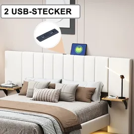 XDOVET Polsterbett mit Seitlichen Ablagen USB-Ladeanschluss und LED-Leiste Doppelbett Flachbett Verdecktes Fußteil Leinenstoff 160*200 cm Beige - Beige