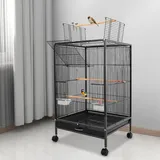 Metall Birdcage Voliere Vogelkäfig, Papageienkäfig kann Öffnung nach Oben, Käfig mit Rädern, Futternapf und Tablett, für Papageien, Spatzen, und Verschiedene Kleine oder Mittelgroße Vögel (Schwarz)