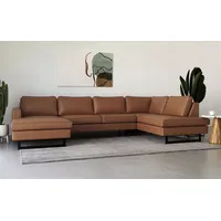 Wohnlandschaft PLACES OF STYLE "Pinto, 350 cm, U-Form, XXL, mit Ottomanen" Sofas Gr. B/H/T: 350cm x 85cm x 206cm, Luxus-Microfaser in Lederoptik, Ottomane rechts, braun (cognac) Cord, Feincord, Luxus-Microfaser Leder und Chenille