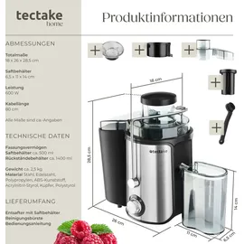 Tectake tectake® Entsafter, Frufi 18 x 26 x 28,5, GS-Zertifikat