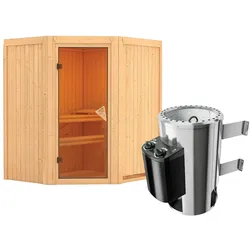 Karibu Sauna Tonja - 68 mm Systemsauna - 230 Volt Plug & Play-3,6 kW Plug&Play Ofen mit integrierter Steuerung-ohne Dachkranz