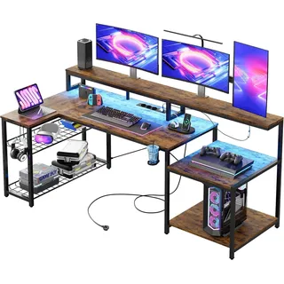 BESTIER Gaming Tisch 181x80 cm Schreibtisch mit LED-Leuchten L-förmiger Tisch