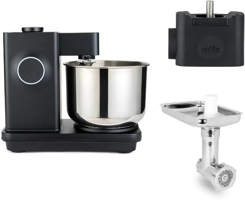Wilfa Küchenmaschine Probaker Timer KM2BS-T70 schwarz + Tool Adapter + Messerschmidt Edelstahlfleischwolf
