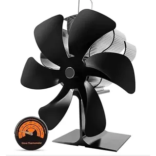 Ofenventilator Kamin Ventilator Kaminventilator mit 6 Blättern Kaminbesteck Lüfter für Kaminofen Holzofen Pelletofen ohne strom Leiser Betrieb mit Thermometer Wärmebetriebener Ventilator (Schwarz)