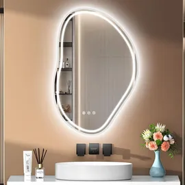 pesenxan Spiegel mit Beleuchtung Asymmetrischer, LED Badspiegel mit Touch-Schalter, 3 Lichtfarbe, Dimmbar, Badezimmerspiegel mit Beleuchtung 80x 53cm