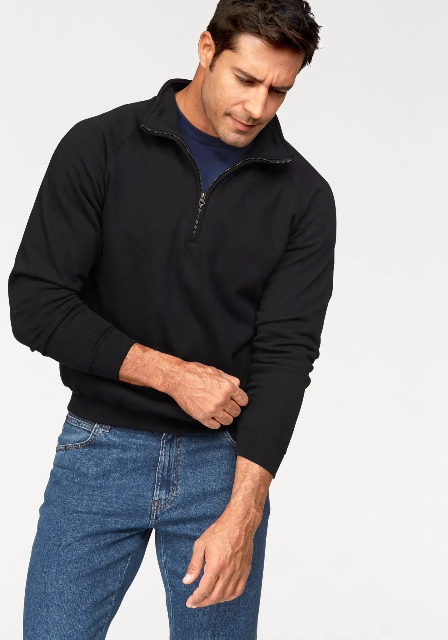 Sweatshirt FRUIT OF THE LOOM, Herren, Gr. 3XL (64/66), schwarz, angeraute Sweatware, Obermaterial: 80% Baumwolle, 20% Polyester, unifarben, Basic, schmal, ohne Ausschnitt, Raglanärmel Rippbündchen, Sweatshirts Sweatshirt, mit Reißverschluss
