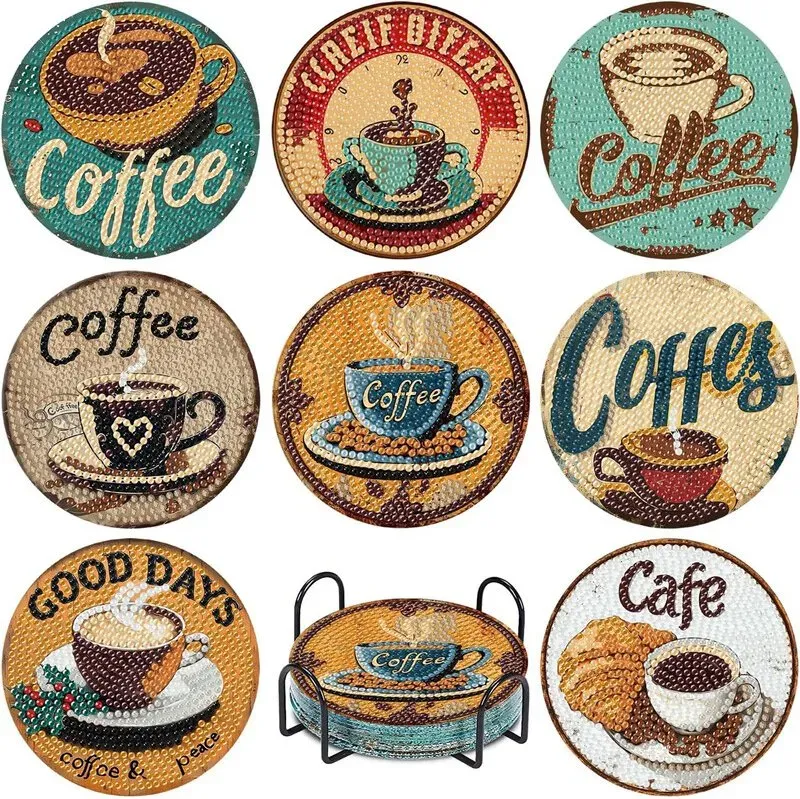 【3 € Rabatt ab 10 €】Ju7cer Kaffee-Diamant-Malerei Untersetzer-Set – 8-teiliges Kunst-Untersetzer-Set mit Halter | DIY-Bastelset für Erwachsene 4 x 4 Zoll (10 x 10 cm)