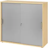 bümö Schiebetürenschrank 3OH - Aktenschrank abschließbar, Sideboard Schrank mit Schiebetüren in Ahorn/Silber, Streifengriff - Büroschrank aus Holz