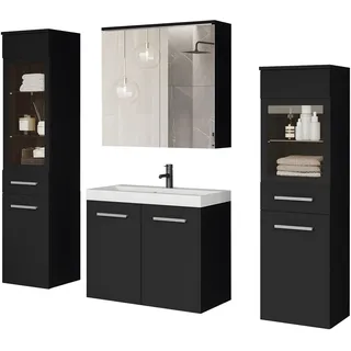 WELLTIME Badmöbel-Set »MADRIT II, Schrank mit Waschbecken, 2 Hänger, Spiegelschrank«, (Komplett-Set, 5 St.), Hängende Badmöbel mit Glaseinsätzen – in vielen Farben erhältlich, schwarz