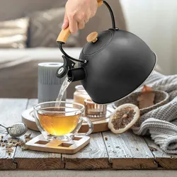 Briebe Wooden Wasserkessel Induktion Flötenkessel 2,5L Edelstahl, Holzgriff, Schwarz