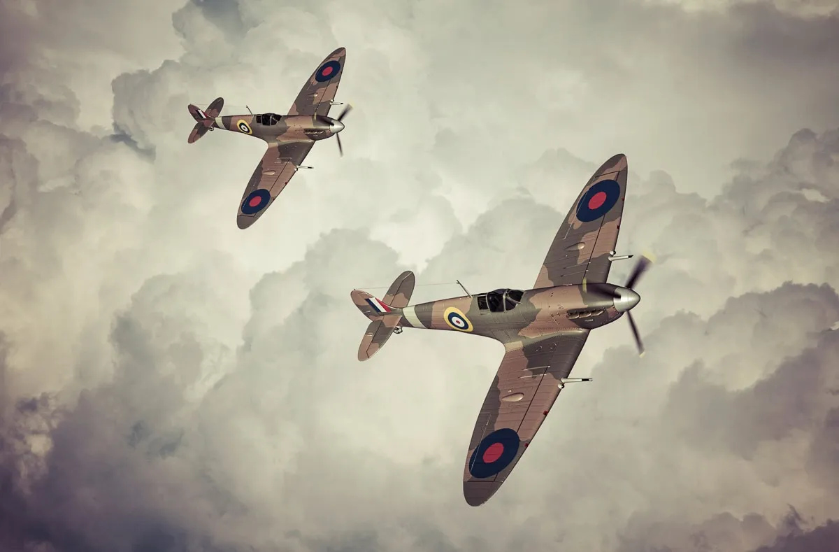 Fototapete PAPERMOON "Spitfires Vintage Artwork", bunt, B:4,50m L:2,80m, Vlies, Tapeten