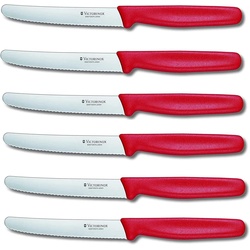 Victorinox Tafelmesser 6 Stück Küchenmesser Tomatenmesser Set Standard Wellenschliff Rot