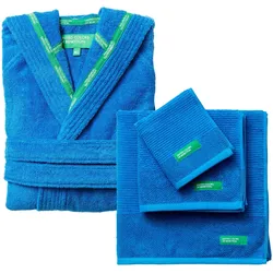 Benetton - Kapuzenbademantel M-L mit 3er Set Badetücher 100% Baumwolle Blau