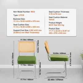 Vevor Rattan-Stühle 4er-Set Moderner Esszimmerstuhl Gepolsterter Samt-Akzentstuhl mit Rattan-Rückenlehne Retro-Esszimmer-Küchenstuhl für Wohnzimmer, Schlafzimmer, Lesezimmer, Grün