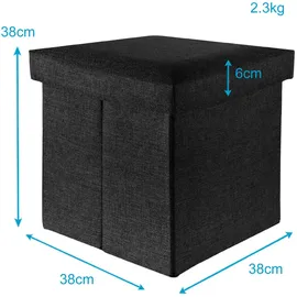 Intirilife Faltbarer Sitzhocker 38x38x38 cm in DIAMANT SCHWARZ - Sitzwürfel mit Stauraum und Deckel aus Stoff in Leinen Optik - Sitzcube Fußablage Aufbewahrungsbox Truhe Sitzbank