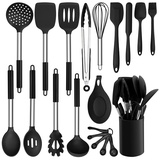 HaWare Küchenhelfer Set, 20 Stück Silikon Küchenutensilien Kochbesteck Set, Schwarz Kochgeschirr Kochutensilien mit Edelstahlgriff, Hitzebeständiges Küchenset mit Utensilienhalter, Spülmaschinenfest