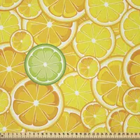 ABAKUHAUS Obst Stoff als Meterware, Lemon orange Kreise, Microfaser Stoff für Dekoratives Basteln, 1M (230x100cm), Gelb Weiß und Grün