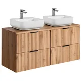 Lomadox Waschtisch ADELAIDE-56, Wotaneiche gerillt 2x 40 cm Keramik-Waschbecken 120,6/73,2/46,5 cm braun 121 cm x 73 cm x 47 cm