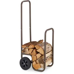 Relaxdays Kaminholzwagen, 2 Gummireifen, Holzwagen bis 60 kg, für gängige Holzscheite, Brennholz-Sackkarre, Stahl, braun