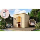Karibu Saunahaus Außensauna Gartensauna Pepe 2 + 9kw Ofen und HUUM WIFI Steuergerät Sparset 196 x 196 cm Farbe: Naturbelassen