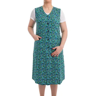 Tobeni Damen Kittelschürze Knopf-Kittel lang in 100% Baumwolle ohne Arm mit Taschen Farbe Design 39 Grösse 46 - 46