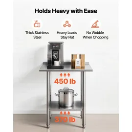 Vevor Edelstahltisch Gastro 762 x 610 x 894 mm, Verstellbarer Edelstahltisch mit Aufkantung, Arbeitstisch mit Grundboden für Restaurant Schwerlast Obere Ablage (204 kg) Untere Ablage (168 kg)