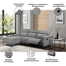 Home Affaire Ecksofa HOME AFFAIRE "LUND Cord, L-Form, 261 cm, man. o. elektr. Relaxfunktion (mit USB-A)", grau, B:261cm H:97cm T:179cm, 100% Polyester, Sofas, Ecksofa, USB-C bei elektrischer Variante und Kopfteilverstellung, Topseller