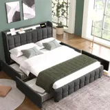 Flieks Polsterbett 160x200cm mit USB und Steckdosen, Jugendbett Doppelbett mit 4 Schubladen, Stauraumbett Massivholzbett mit LED und Lattenrost, Le... - Grau